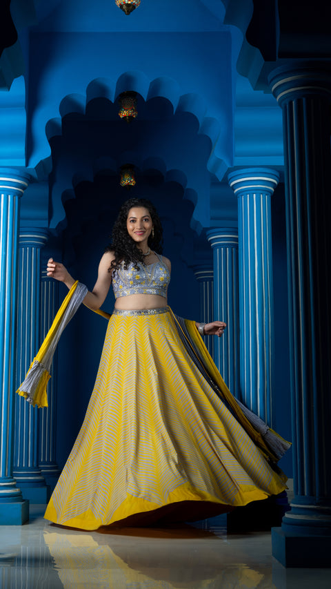 Yellow And Grey Chinnon Lehenga With Dupatta