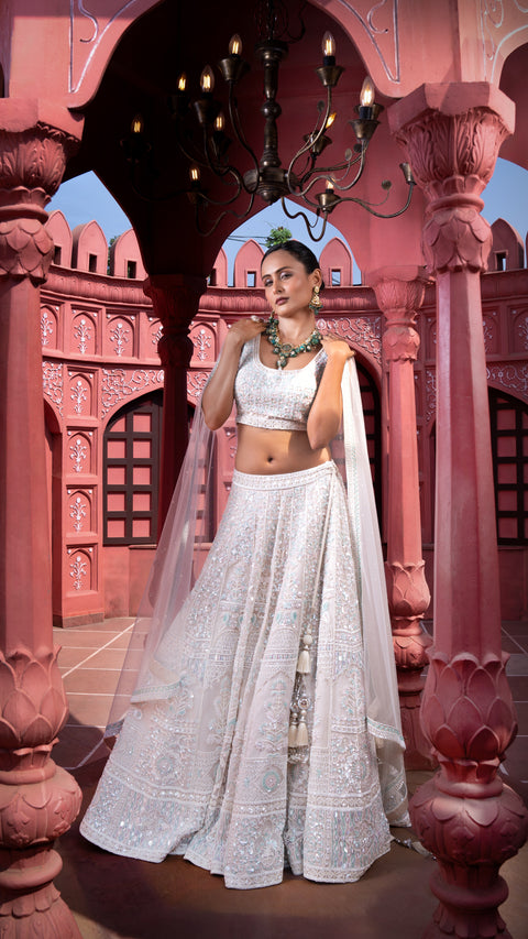 Cream Organza Tissue Bridal Lehenga With Dupatta