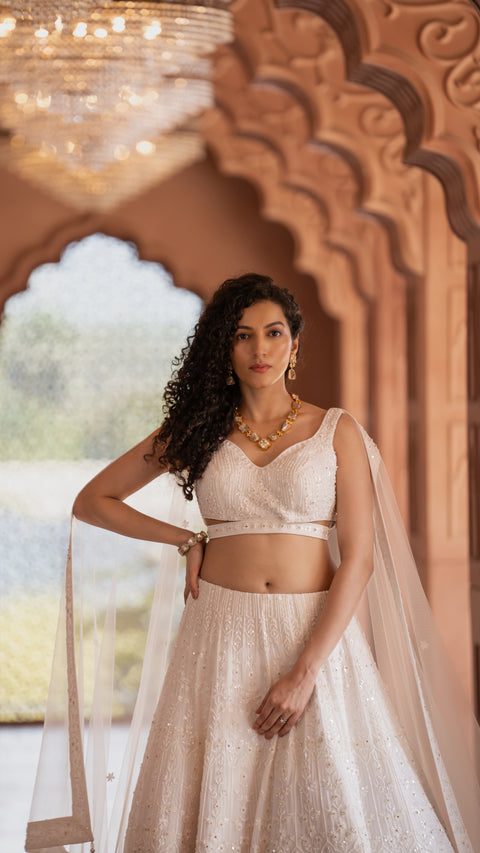 White Georgette Bridal Lehenga With Net Dupatta