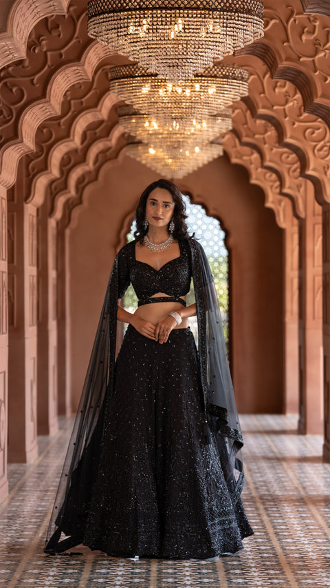 Black Organza Tissue Base Bridal Lehenga With Dupatta