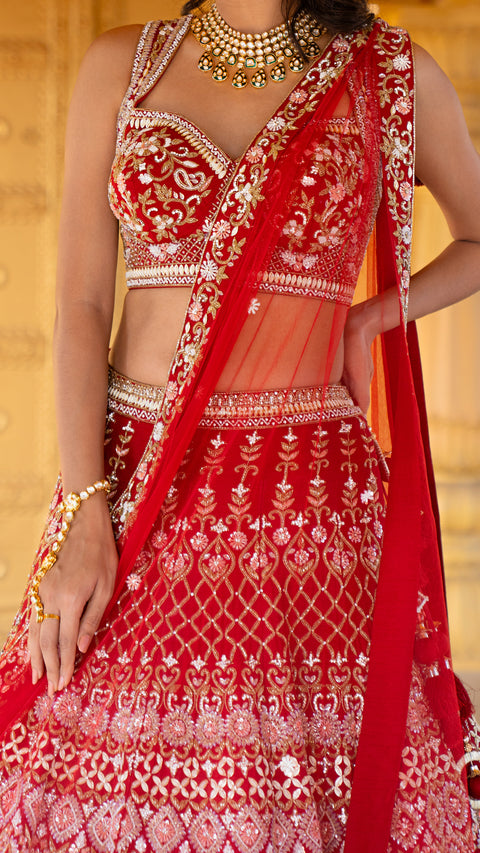 Maroon Bridal Lehenga With Net Dupatta