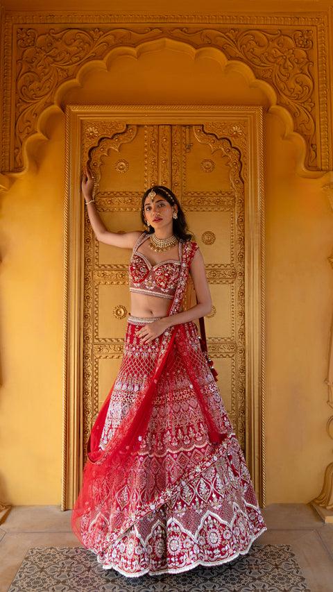 Maroon Bridal Lehenga With Net Dupatta