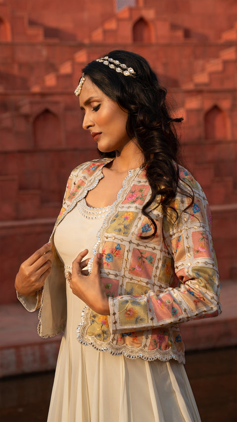 Cream Viscous Georgette Indo-Western Gown With Jacket