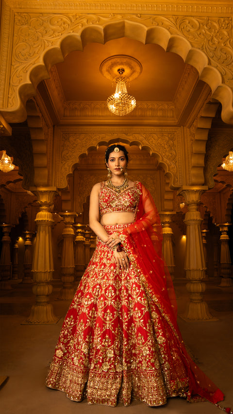 Rust Red Georgette Bridal Lehenga With Net Dupatta