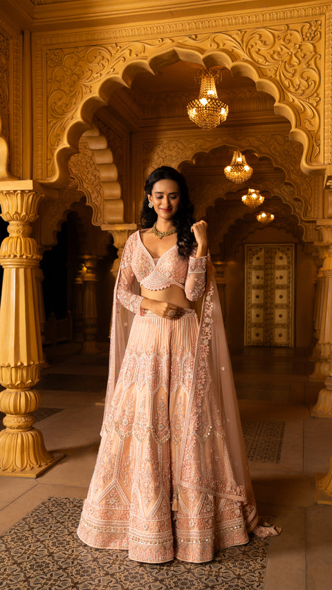 Light Peach Net Bridal Lehenga With Net Dupatta