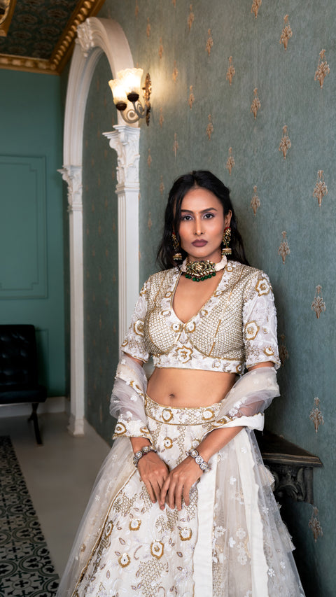 Ivory Organza Tissue Bridal Lehenga and Dupatta
