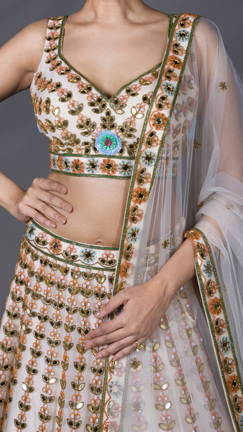 Cream Organza Tissue Bridal Lehenga With Dupatta
