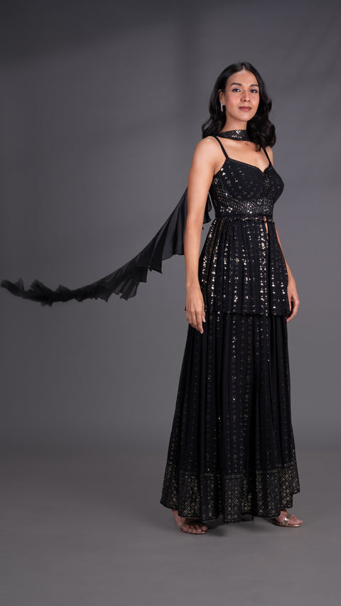 Black Sharara Set With Peplum Top And Georgette Dupatta
