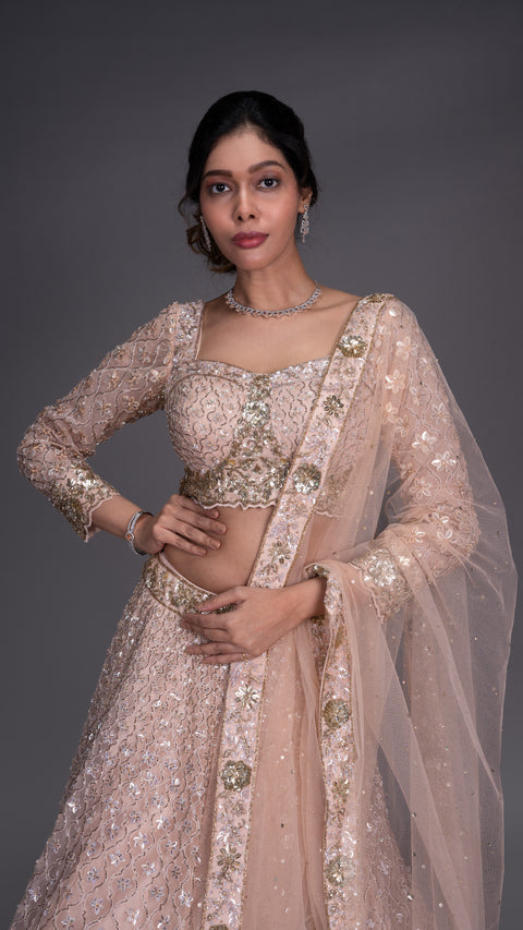 Coffee Colour Organza Tissue Bridal Lehenga With Dupatta