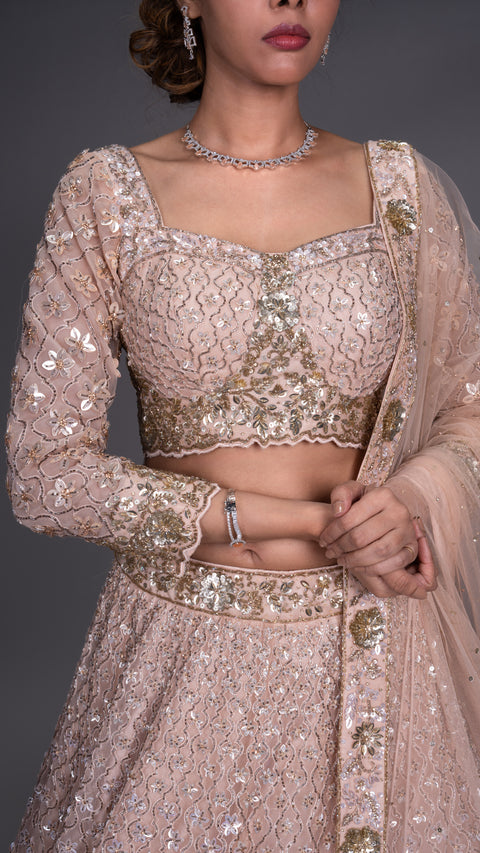 Coffee Colour Organza Tissue Bridal Lehenga With Dupatta