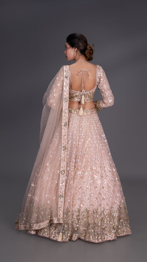 Coffee Colour Organza Tissue Bridal Lehenga With Dupatta
