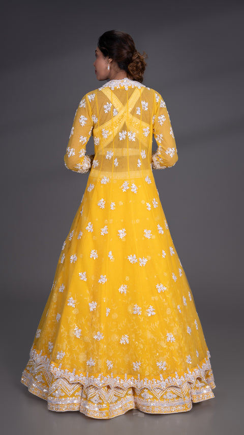 Yellow Organza Tissue Bridal Lehenga With Jacket And Dupatta