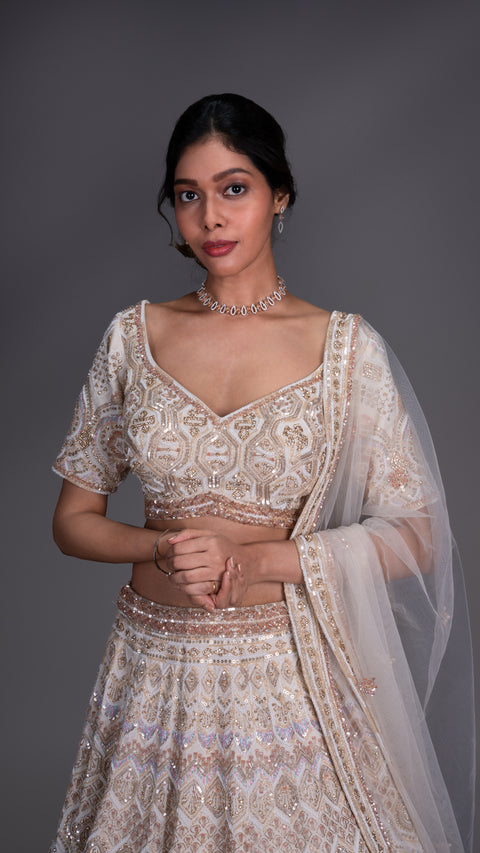 Cream Silk Bridal Lehenga With Net Dupatta