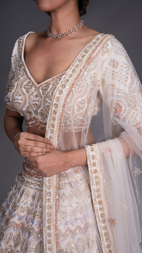 Cream Silk Bridal Lehenga With Net Dupatta