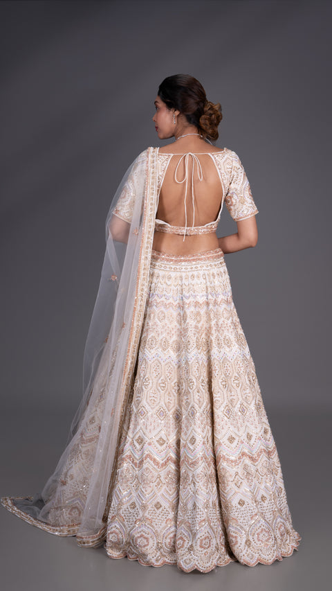 Cream Silk Bridal Lehenga With Net Dupatta