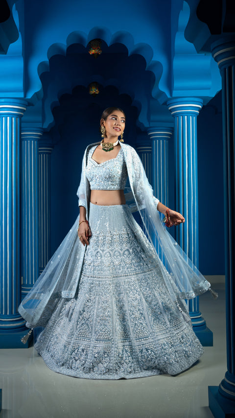 Powder Blue Net Bridal Lehenga With Dupatta