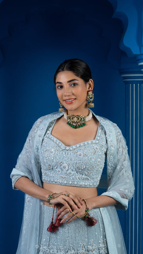 Powder Blue Net Bridal Lehenga With Dupatta