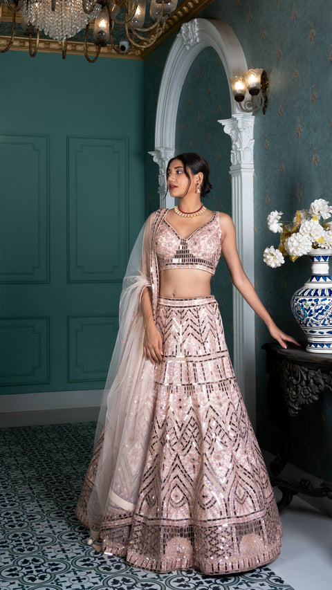 Rose Gold Organza Tissue Bridal Lehenga With Dupatta