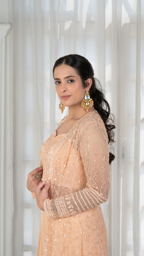 Peach Viscous Georgette Palazzo Set with Net Jacket and Dupatta