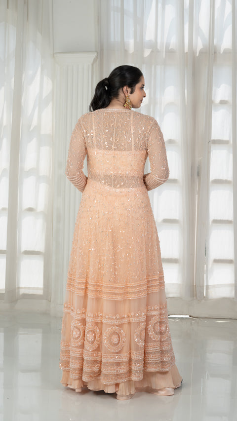 Peach Viscous Georgette Palazzo Set with Net Jacket and Dupatta