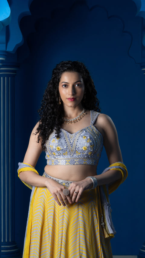 Yellow And Grey Chinnon Lehenga With Dupatta