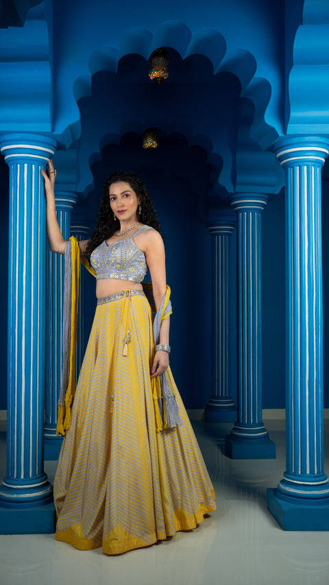 Yellow And Grey Chinnon Lehenga With Dupatta