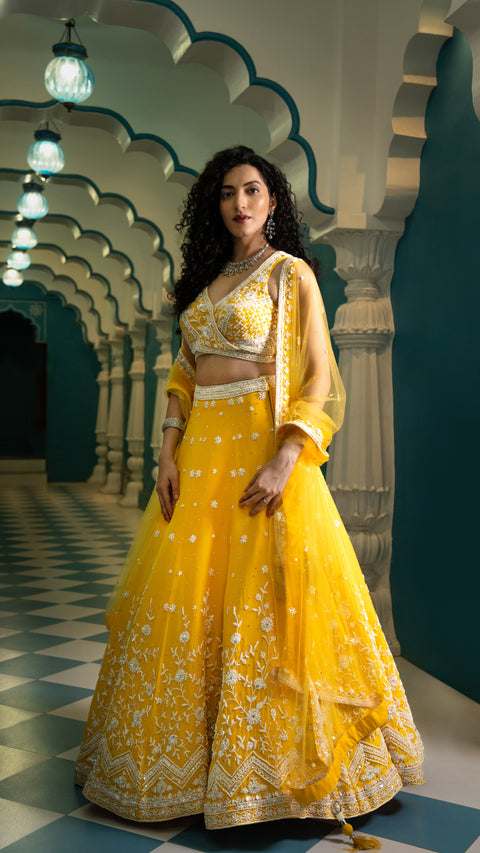 Yellow Organza Tissue Bridal Lehenga With Dupatta