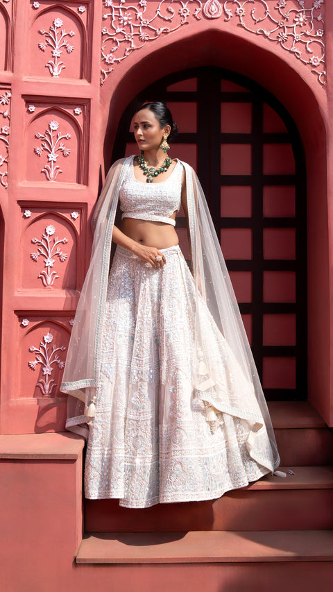 Cream Organza Tissue Bridal Lehenga With Dupatta