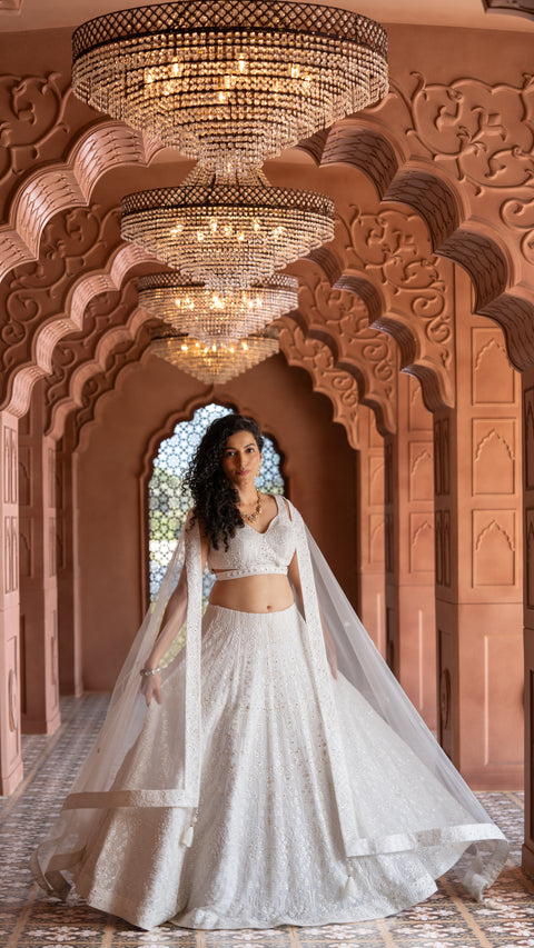 White Georgette Bridal Lehenga With Net Dupatta