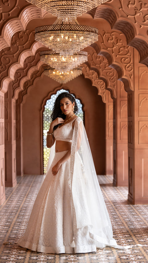 White Georgette Bridal Lehenga With Net Dupatta