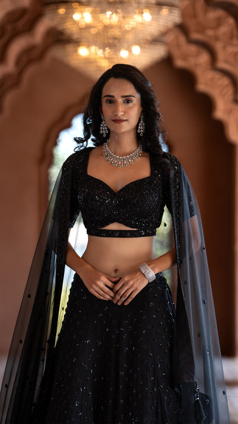 Black Organza Tissue Base Bridal Lehenga With Dupatta