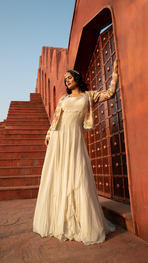 Cream Viscous Georgette Indo-Western Gown With Jacket