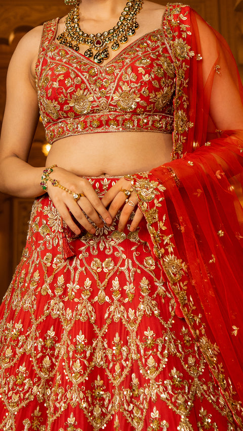 Rust Red Georgette Bridal Lehenga With Net Dupatta