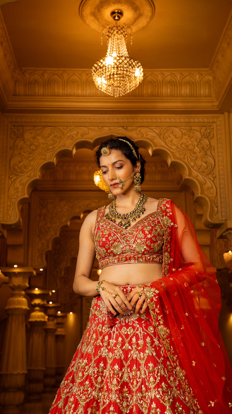 Rust Red Georgette Bridal Lehenga With Net Dupatta