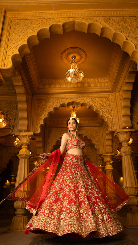 Rust Red Georgette Bridal Lehenga With Net Dupatta