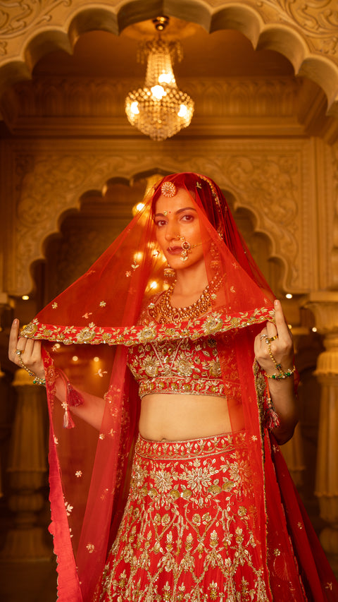 Rust Red Georgette Bridal Lehenga With Net Dupatta