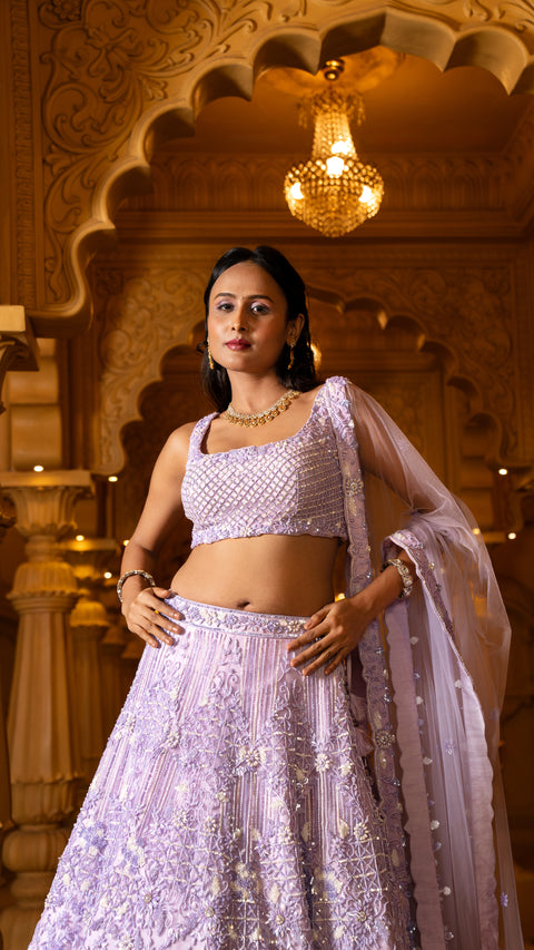 Purple Net Bridal Lehenga With Dupatta