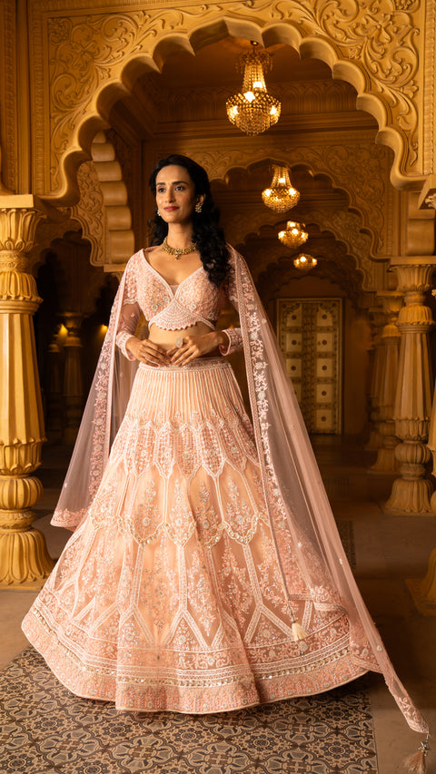 Light Peach Net Bridal Lehenga With Net Dupatta