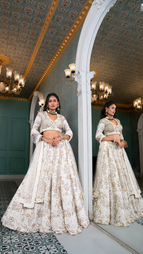 Ivory Organza Tissue Bridal Lehenga and Dupatta