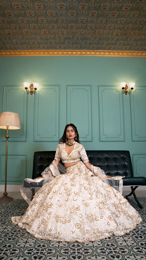 Ivory Organza Tissue Bridal Lehenga and Dupatta