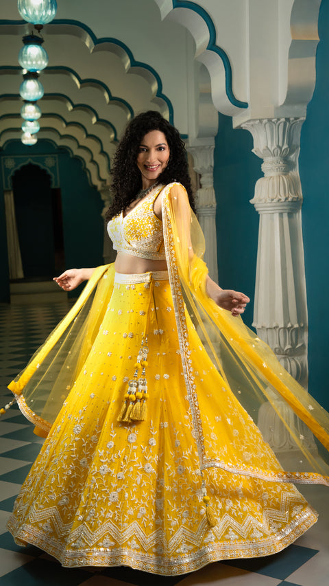 Yellow Organza Tissue Bridal Lehenga With Dupatta