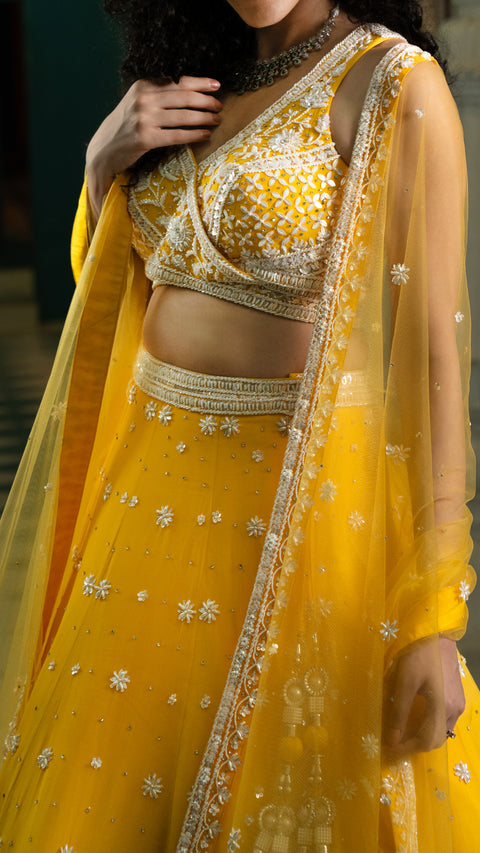 Yellow Organza Tissue Bridal Lehenga With Dupatta