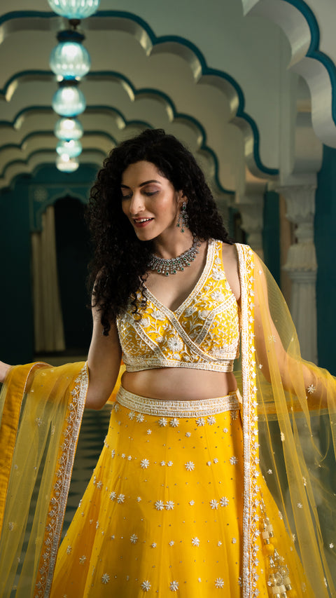 Yellow Organza Tissue Bridal Lehenga With Dupatta