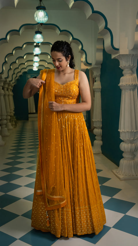 Haldi Yellow Silk Indowestern Gown