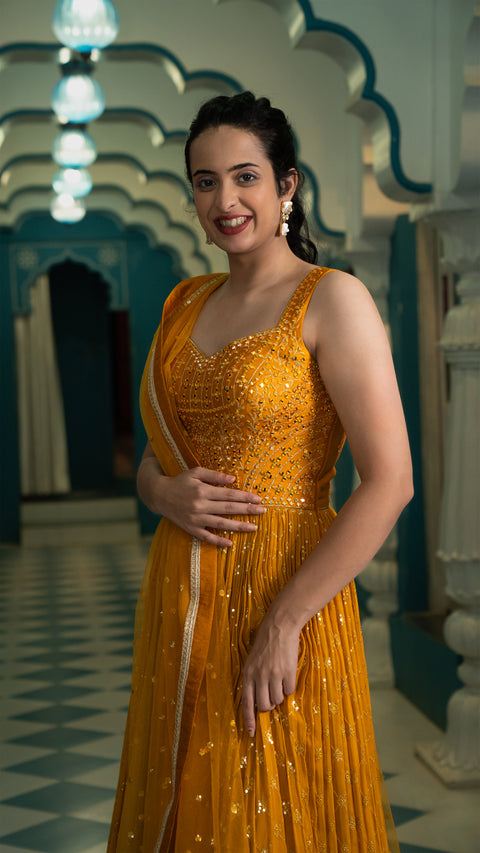 Haldi Yellow Silk Indowestern Gown