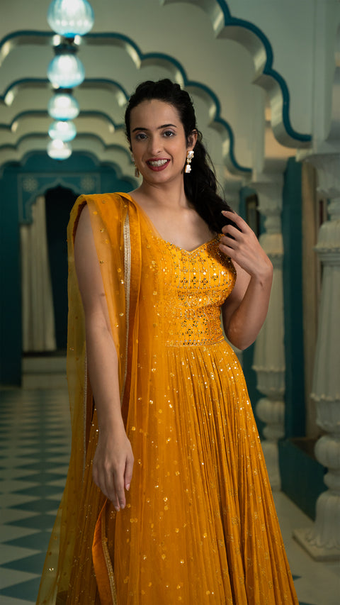 Haldi Yellow Silk Indowestern Gown