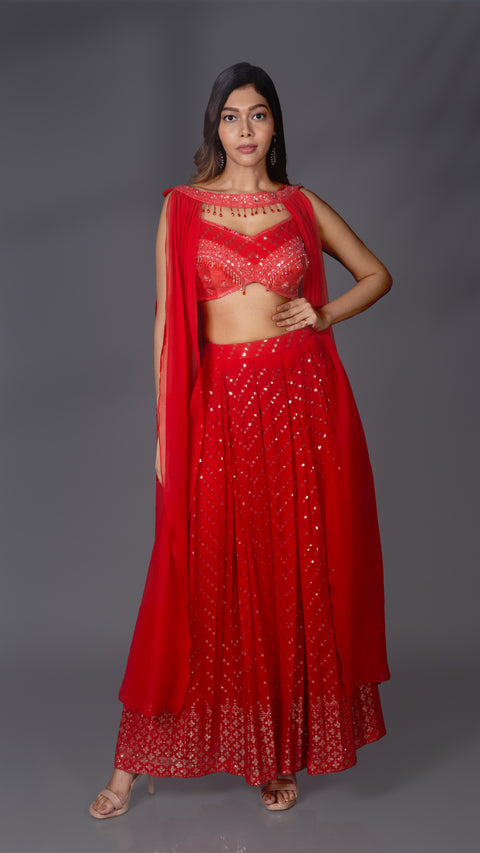 Cherry Red Silk Georgette Palazzo Set with Necklace Dupatta