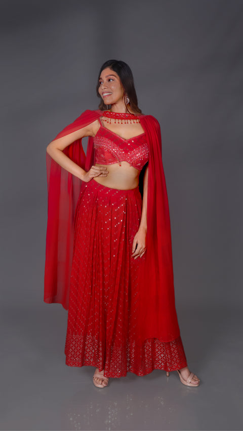 Cherry Red Silk Georgette Palazzo Set with Necklace Dupatta