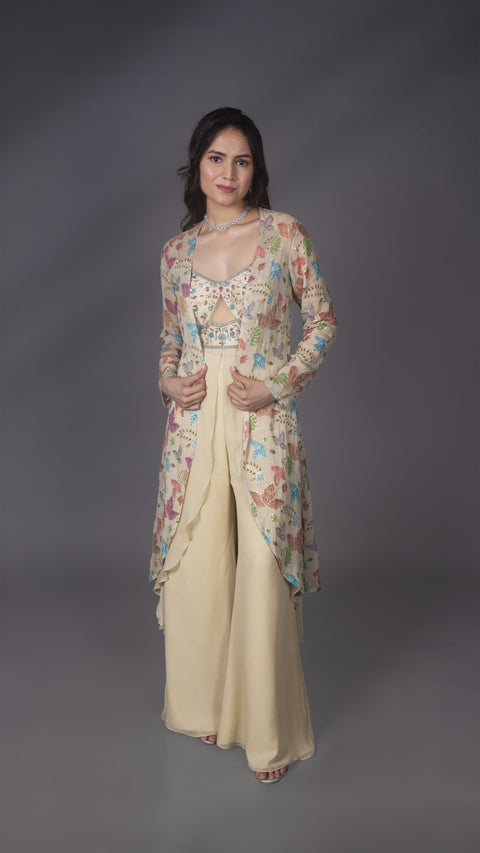 Beige Viscous Georgette Palazzo Set with Jacket