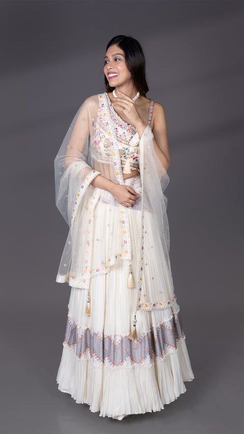 Beige Silk And Georgette Lehenga with Dupatta